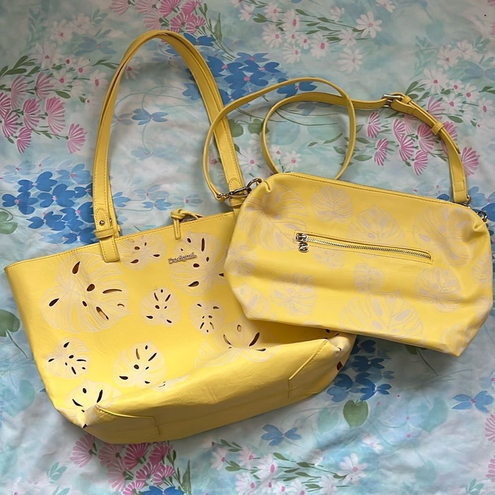 Desigual Handbag with Large Cosmetic Bag - Yellow Monstera Cutout